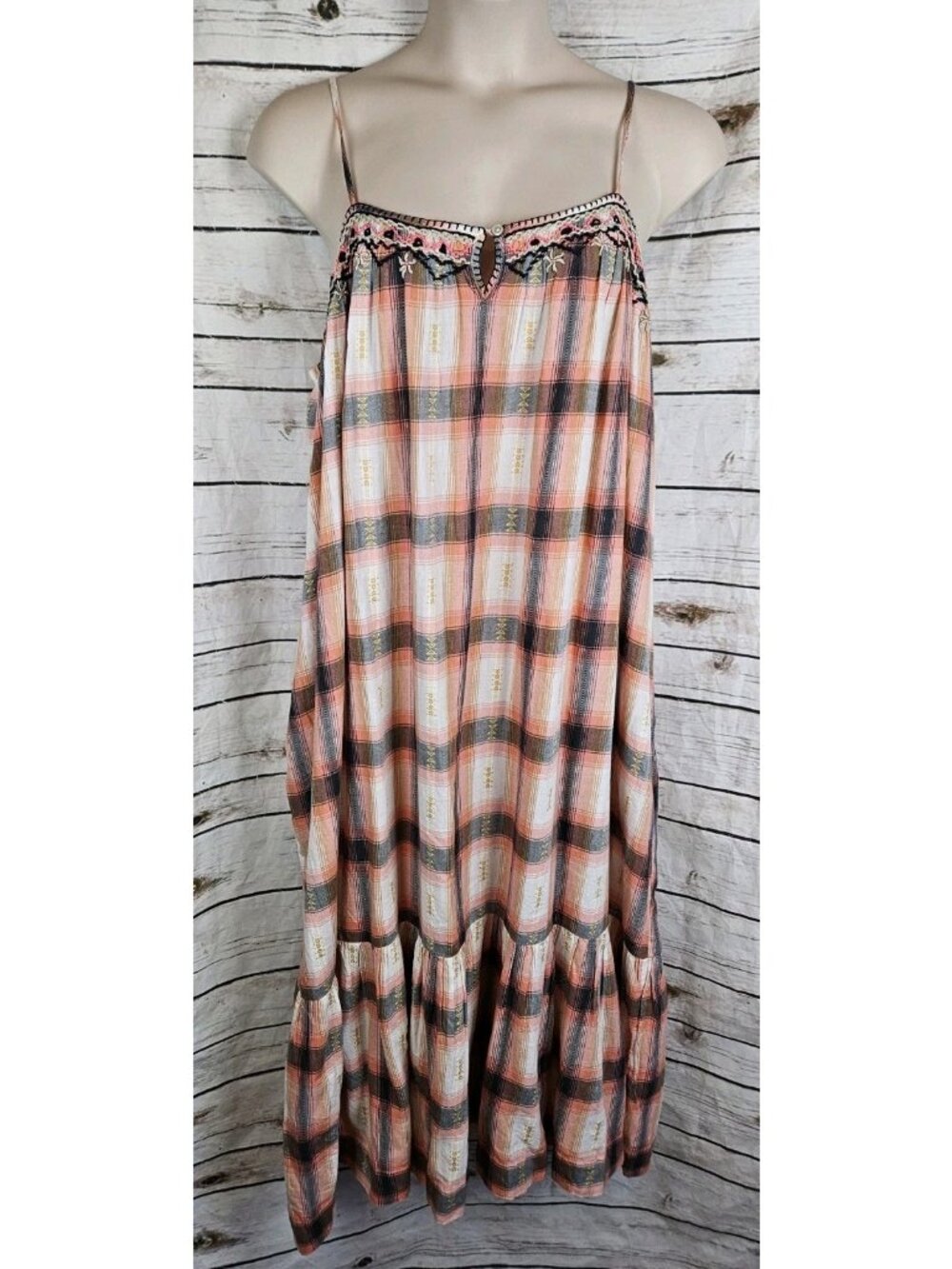 Lucky Brand Plaid Embroidered Midi Dress XXL Ruffle Spaghetti Strap Boho Cottage
